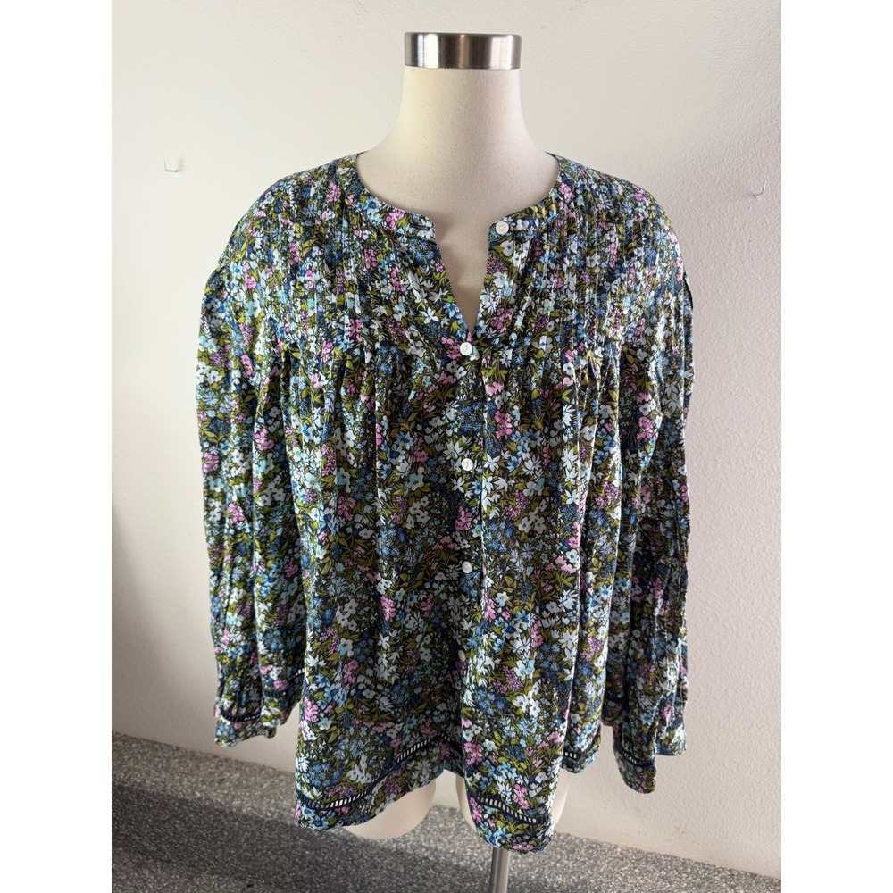 Old Navy Womens Plus 3X Floral Pintuck Blouse Cotton Long Sleeve Boho Top